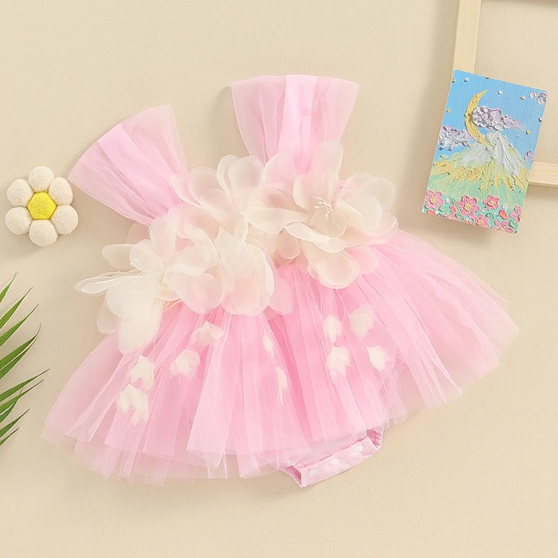 Newborn Baby Girl Summer Romper Dress 3D Flower Decor Tulle Romper Dress Baby Princess Pageant Dress for Wedding