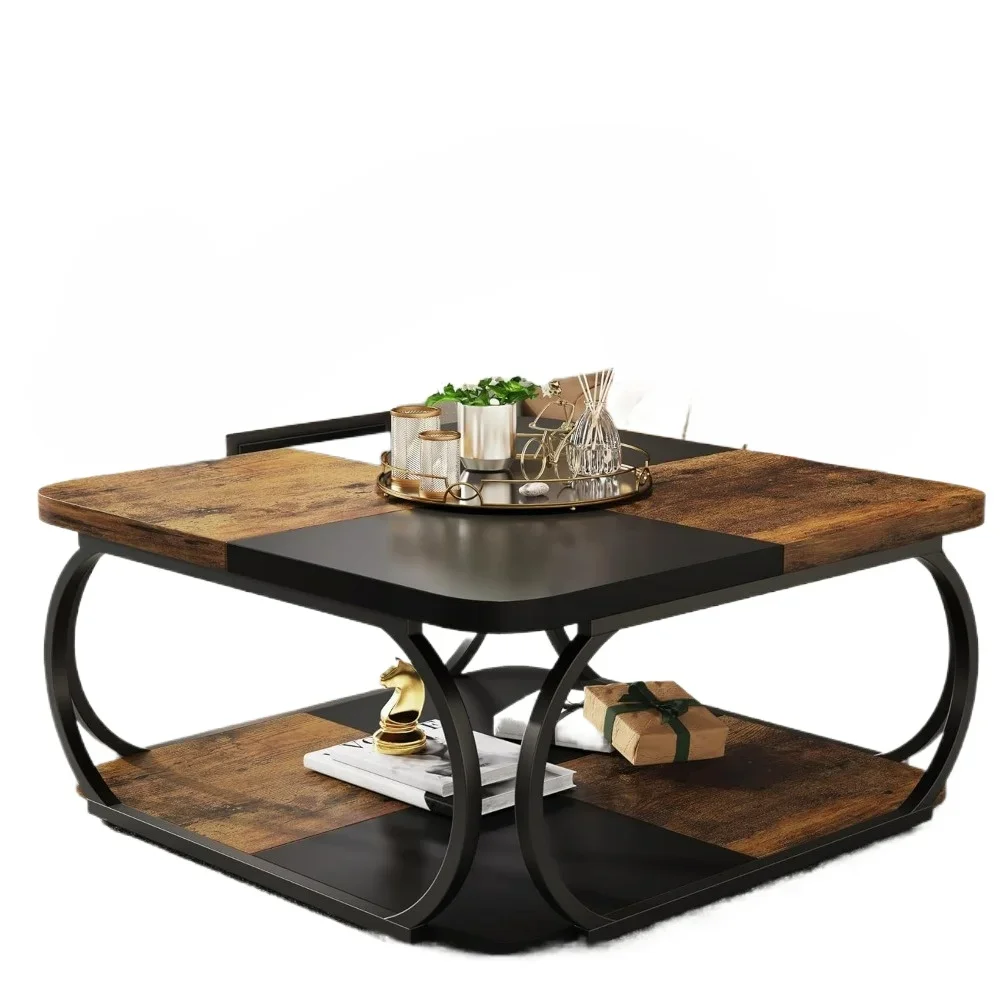 Coffee Table with 2 Tiers, Low Farmhouse Coffee Table with Wood Storage Shelf Heavy Duty Metal Curved Frame Coffee Table