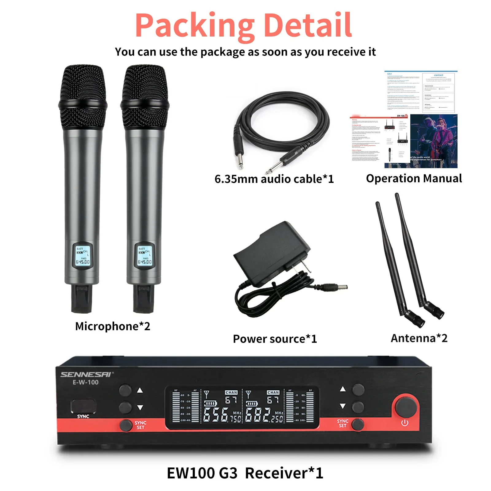 ew100-G3 Professional Dual Wireless Microphone Stage Performance 2 Channels 600-699MHz Karaoke Metal Handheld，With Portable Box