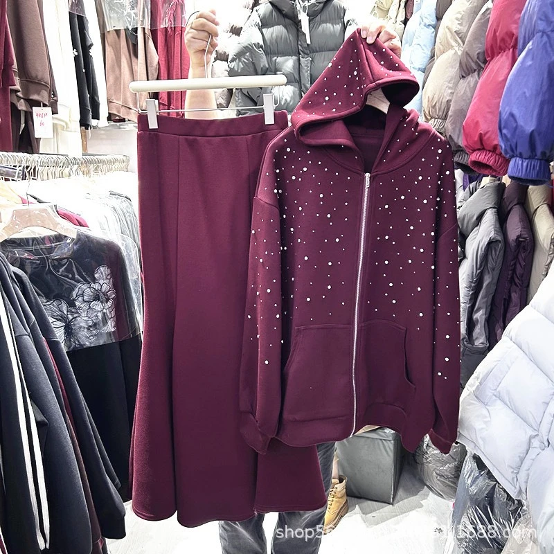 

American Heavy Industry Rhinestone Cardigan Hooded Long Sleeves Top Jacket And Elastic Waist Solid Color Mermaid Half Skirt Sets