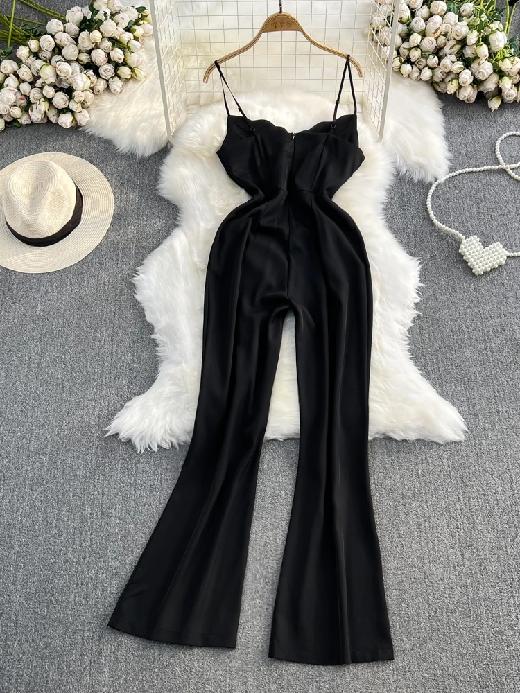 Women Elegant Black Playsuits Summer Sexy V-neck High Waisted Jumpsuit Female Loose Flared Wide Leg Long Pants Romper