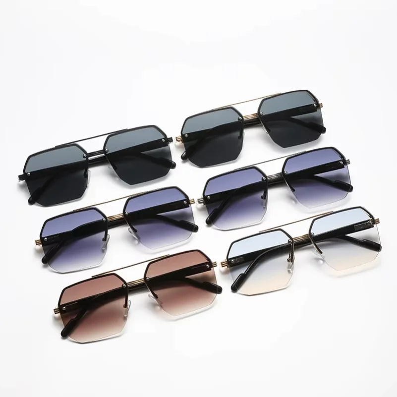 Hiking 3pcs Polygon Half-Frame Anti Light Glasses Fashion Metal Men Large Frame Shades Female Male Gradient Traveling Eyewear