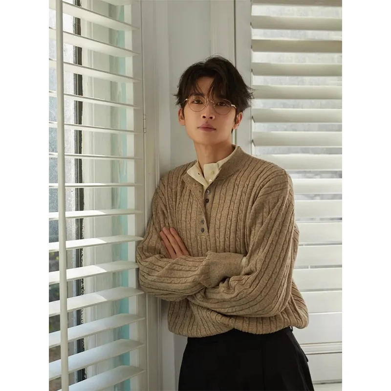 

Men's Faionable Knitted Sweater Double Layer Collar Stand up Collar Fake Two-Piece Twist Yarn Layering Casual Sle Long Sl...