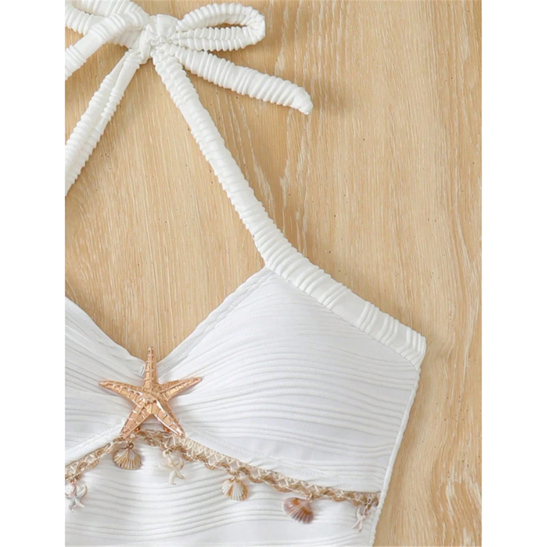 S - XL, Badeanzug mit Wellenmuster, Metallstern-Design, Damen-Badebekleidung, einteiliger Badeanzug, Damen-Badeanzug mit hohem Beinausschnitt, Monokini, Badeanzug, Modell V7850. – Detail 5