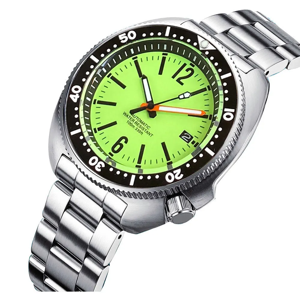Tandorio NH35A Lume Green Dial 44mm Automatic Men Diving Watch 200M Waterproof Sapphire Crystal Ceramic Insert Steel Bracelet