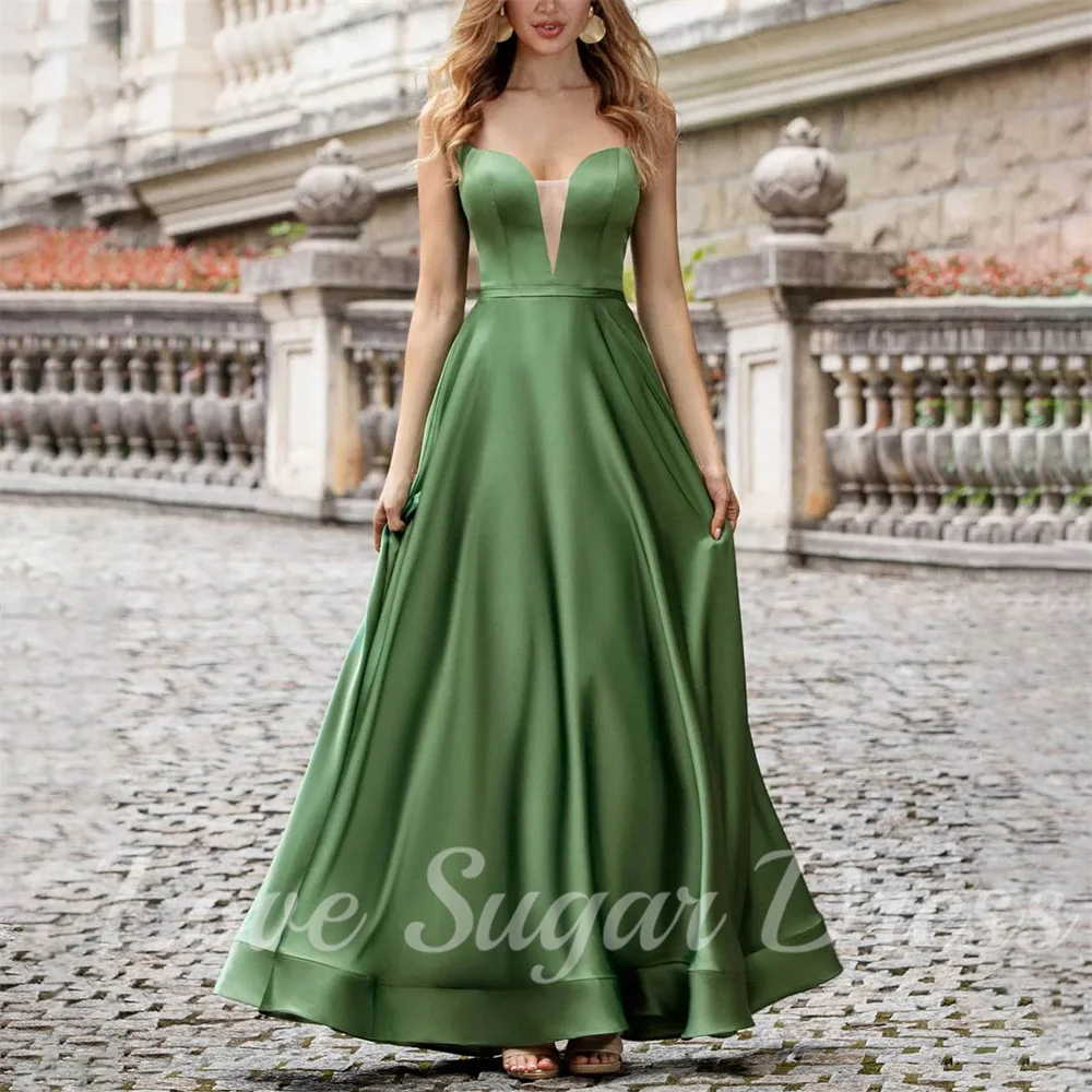 

Spaghetti Strap V Neck Prom Dresses For Women A Line Long Satin Evening Dress Back Lace Up Formal Party Gowns robes de soirée