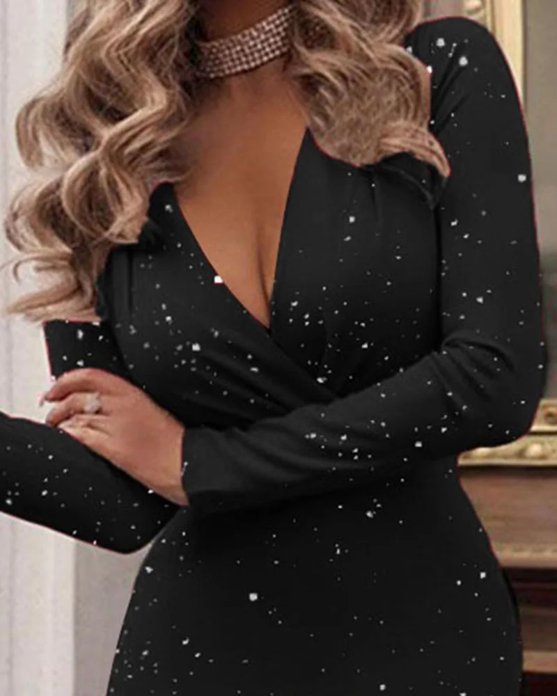 Women's Sexy Evening Dr Deep V Fold Silver Spray Bodycon Skirt Street Sle High Waist Long Sve mid Length Autumn Dr