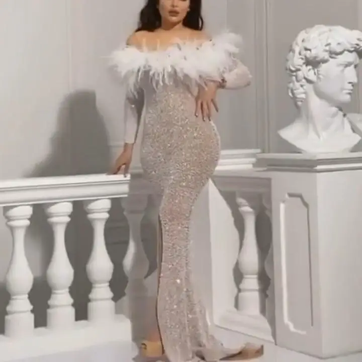 Elegantes Abendkleid für Damen: Sexy Pailletten-Langarm-Bankettkleid, Hüftbetontes Kleid 2026 – Temperamentvolles, mittellanges und langes Mode-Neuheiten-Kleid für den Frühling