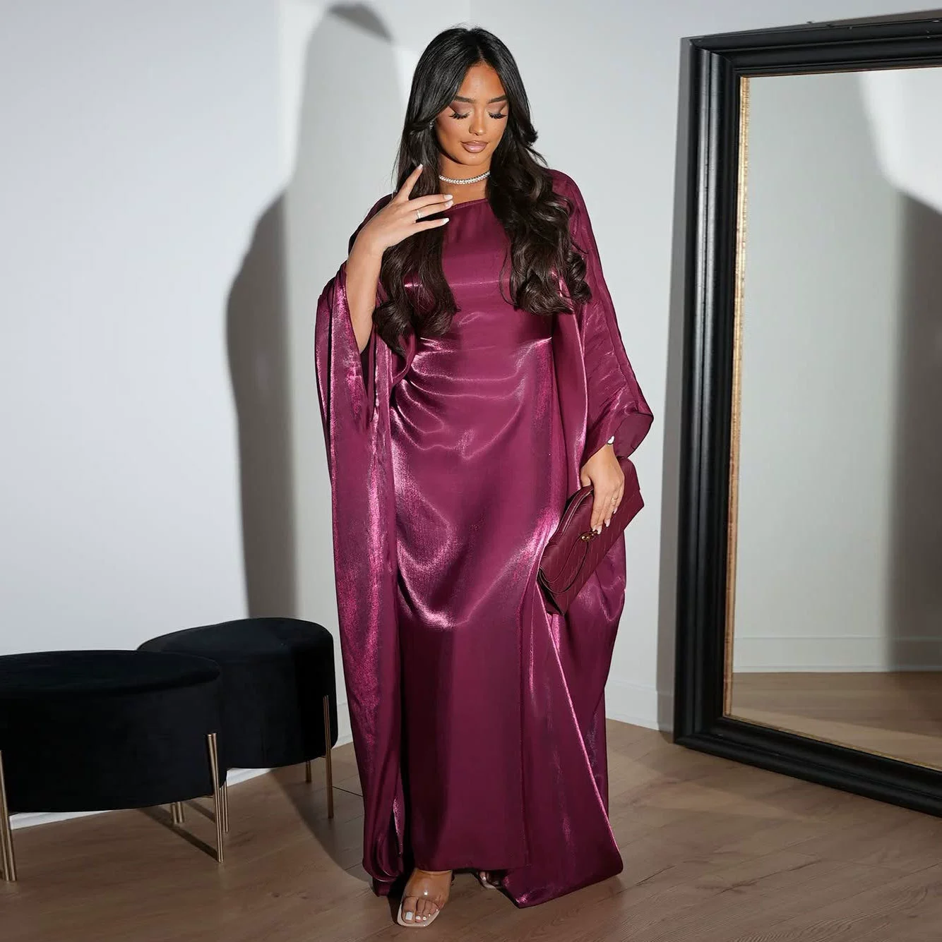 رمضان دبي العربية الجديدة الربيع / الصيف الشرق الأوسط متواضع مسلم أزياء فاخرة مشرق الحرير الساتان الخصر عباية اللباس