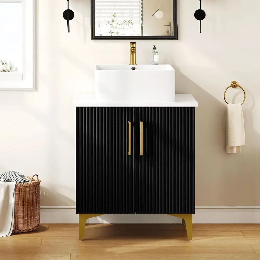 

24 Inch Bathroom Vanity with Vacuum Forming, Freestanding Storage Cabinet Vanity with Engineered White Stone Countertop, 2 Large