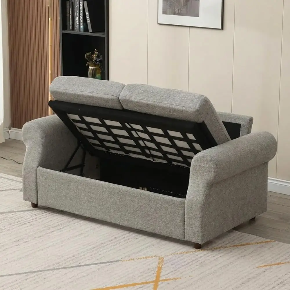 Modern 3 Seater Sofa With Storage Compartment Linen Fabric Scroll Arm For Small Apartment 180x80x80cm, Customized