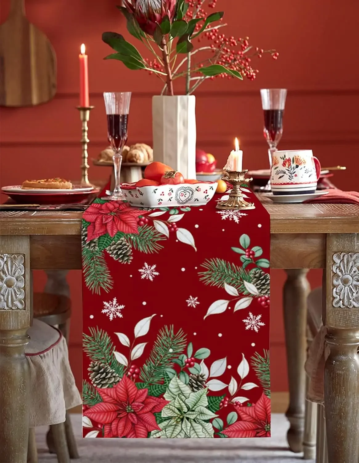 Christmas Poinsettia Pine Cones Red Linen Table Runners Dresser Scarf Decor Reusable Dining Table Runners Xmas Party Decorations