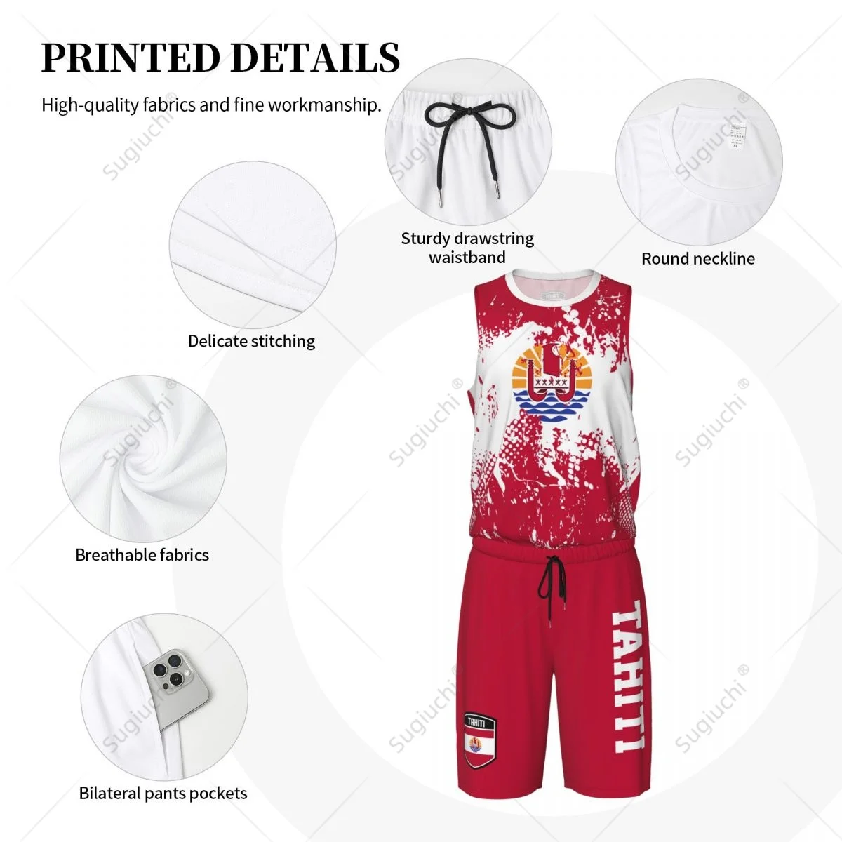 Team-up Tahiti Flag Grain Men Basketball Jersey Set Shirt & Pants Sleeveless Custom Name Nunber Exclusive