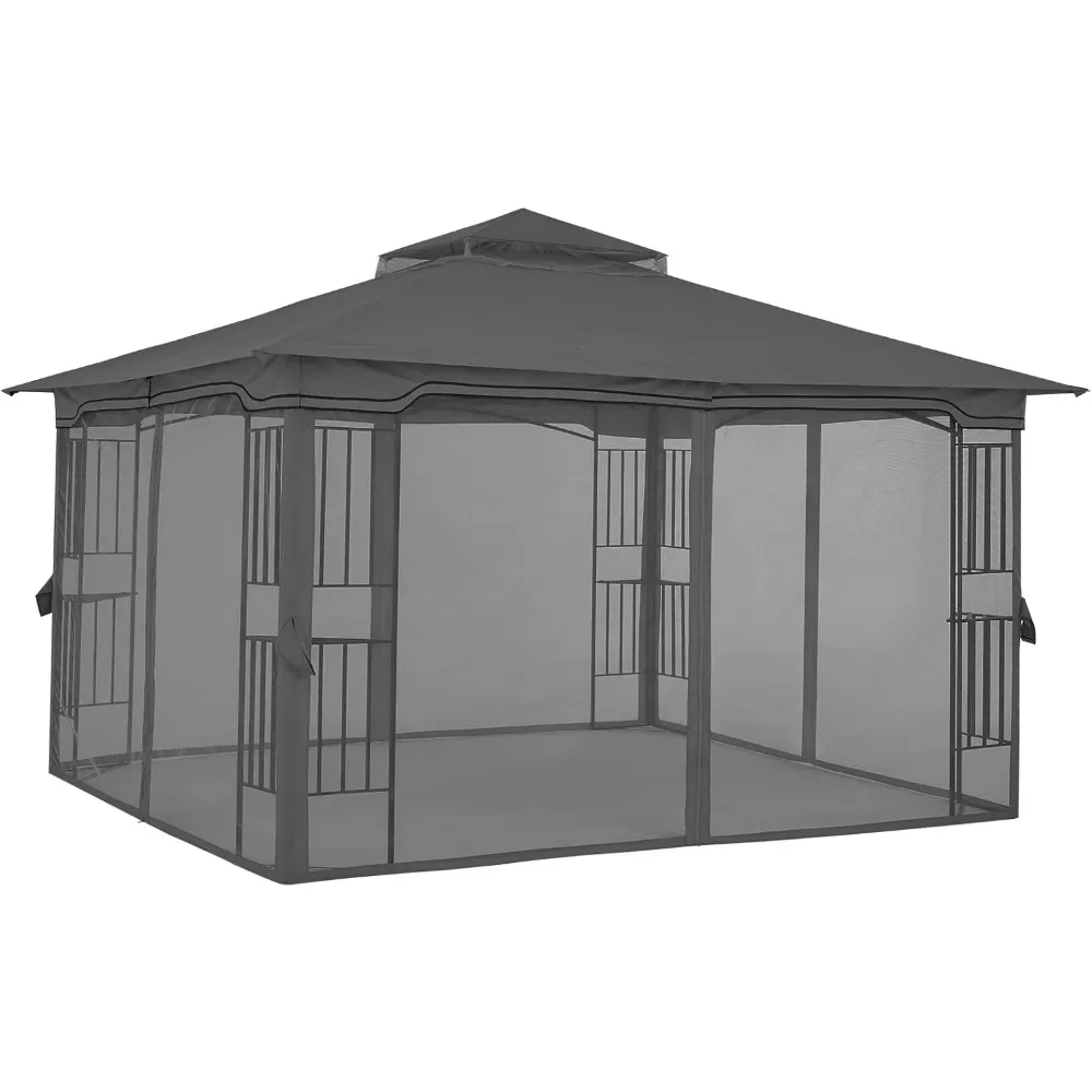 Gazebo externo para pátio com paredes de tela de rede e design de prateleira de canto (11x11)