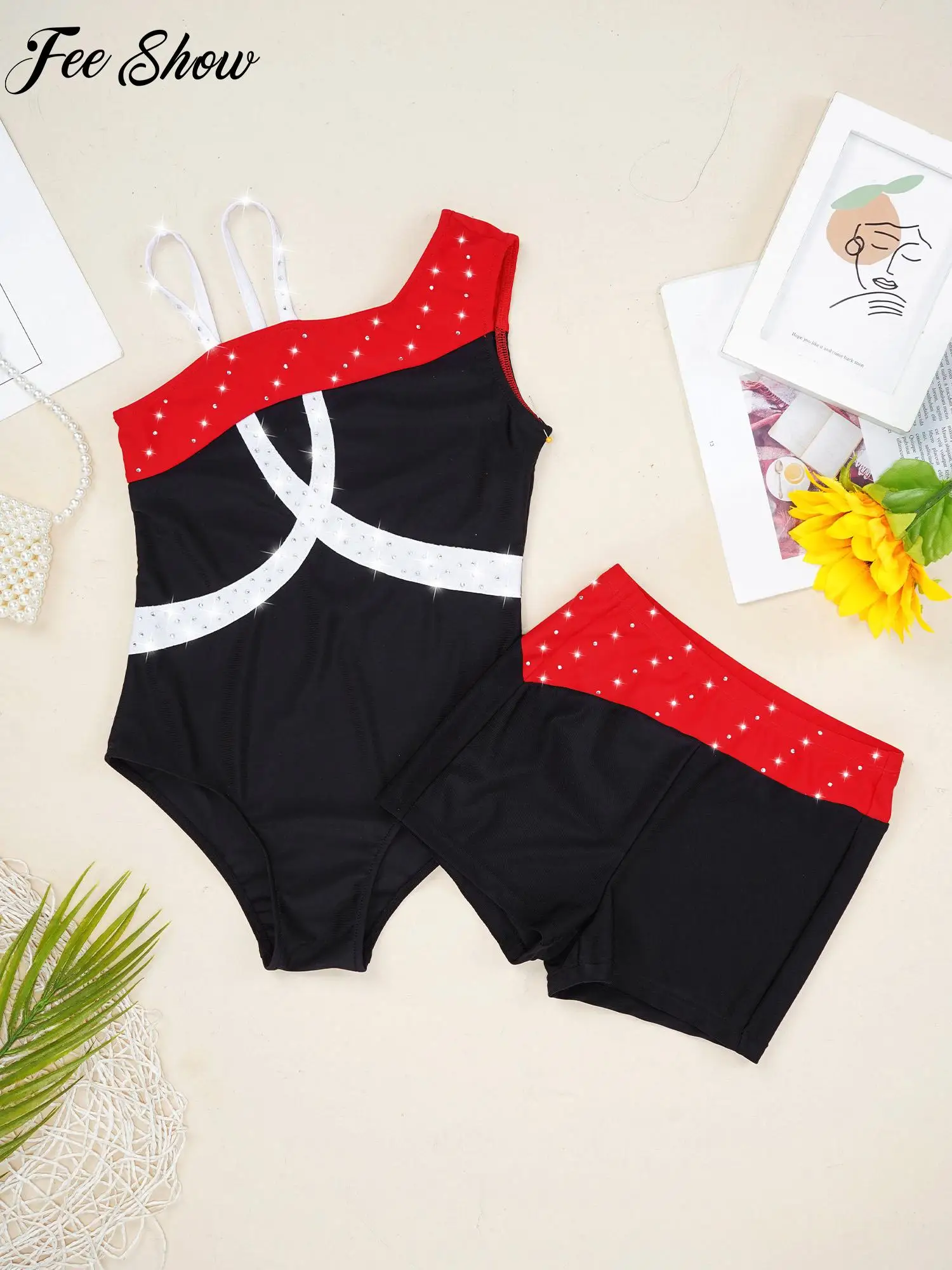 

Kids Girl Shiny Rhinestone Ballet Gymnastics Leotard Costume Set Oblique Shoulder Jumpsuit with Shorts for Performance Dancewear