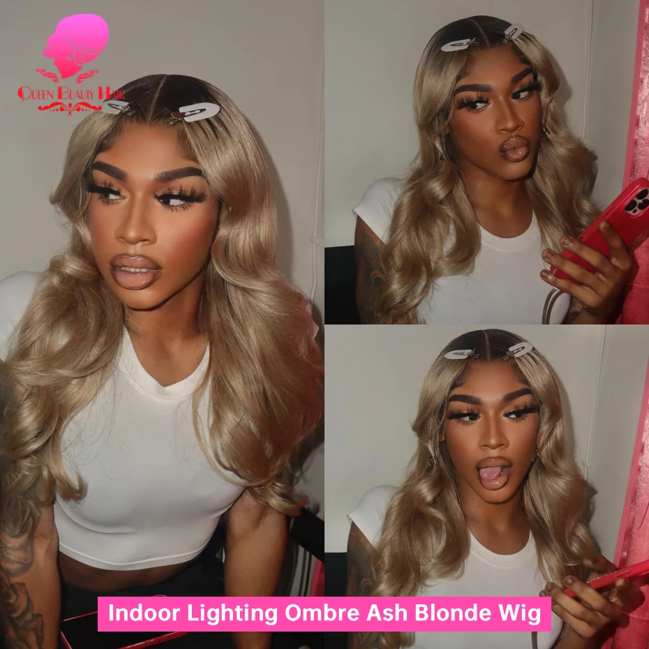 13x6 Ombre Aschblonde Echthaar-Perücke Brasilianische Body Wave Lace Front Echthaar-Perücke Wellige Dunkle Ansätze Aschblonde Lace Frontal Perücken – Detail 4
