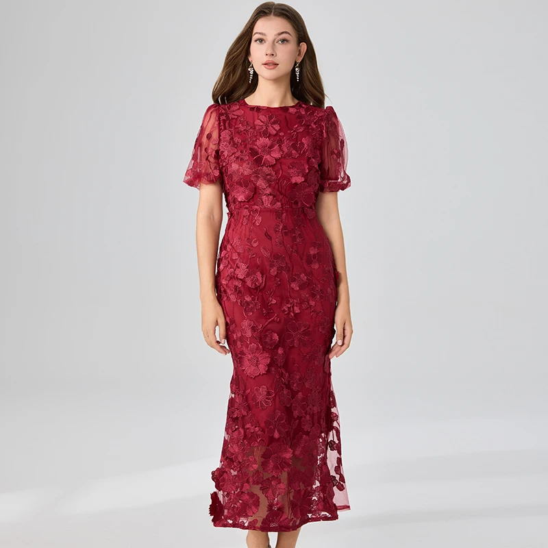 

Summer Embroidery Lace Prom Dress Women French Luxury 3D Flower Fishtail Short Sleeve Long Dresses Party Bodycon Holiday Vestido