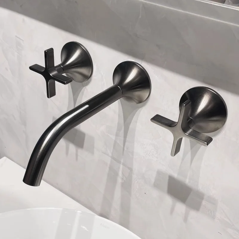 New Basin Faucet Bathroom Widespread Sink Mixer Total Brass Hot Cold Wall Mounted Sink Faucet Matte Black