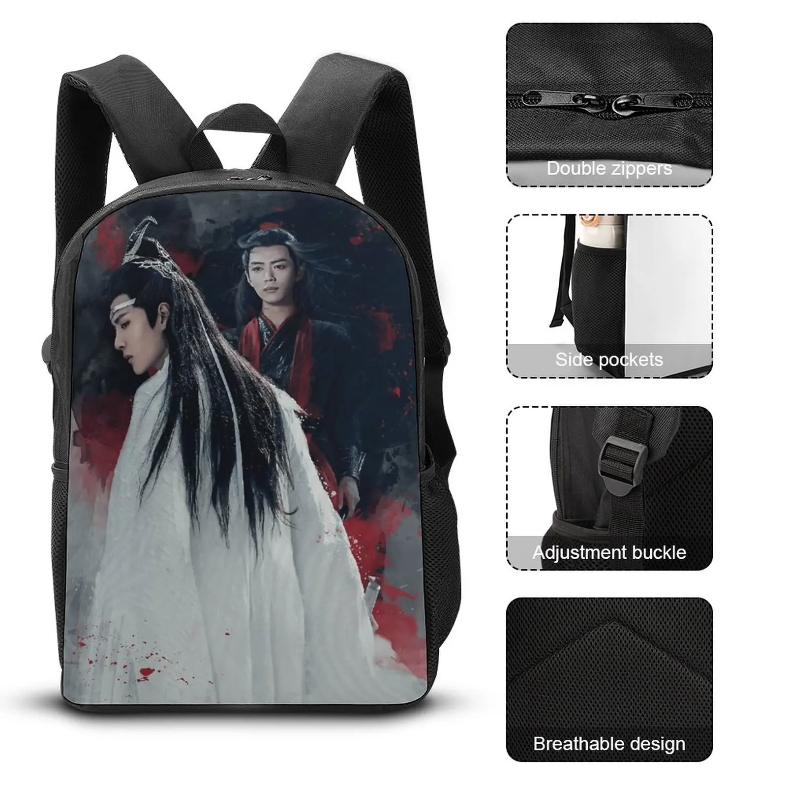 WangXian THE UNTAMEDS-Juego de mochila con estampado fotográfico, bolsa de almuerzo de 17 pulgadas, bolso para bolígrafos, actividades deportivas, campo seguro Vintage, 3 en 1