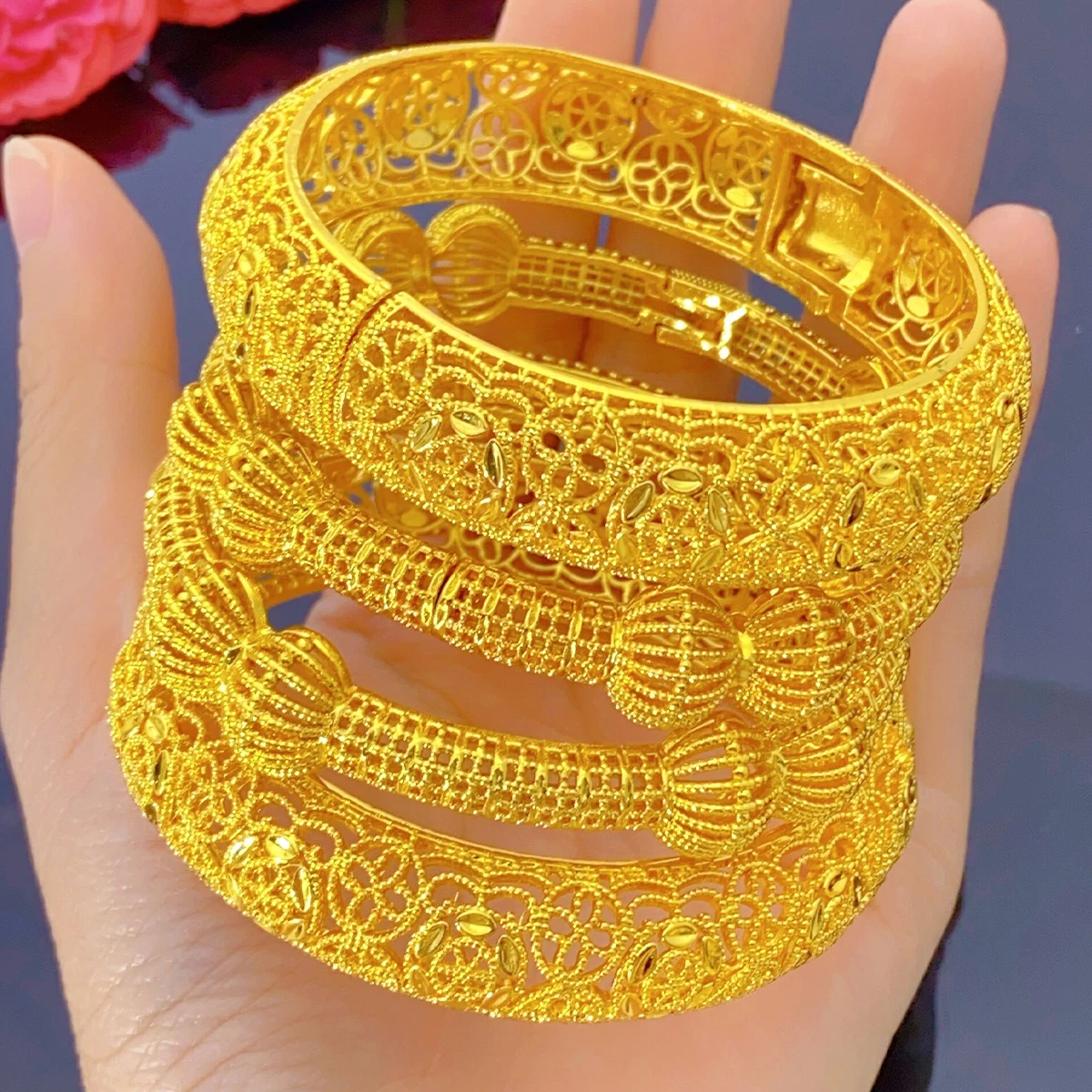 XUHUANG Ethiopian Bridal Gold Color Round Luxury Bangles Indian Wedding Jewellery Dubai Engagement Hand Jewelry Gifts 24k New