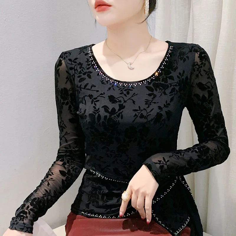 Dingaozlz Chic Style Women Clothes Diamonds O-neck Solid T-shirt Long Sleeve Casual Mesh Tops Female Tees