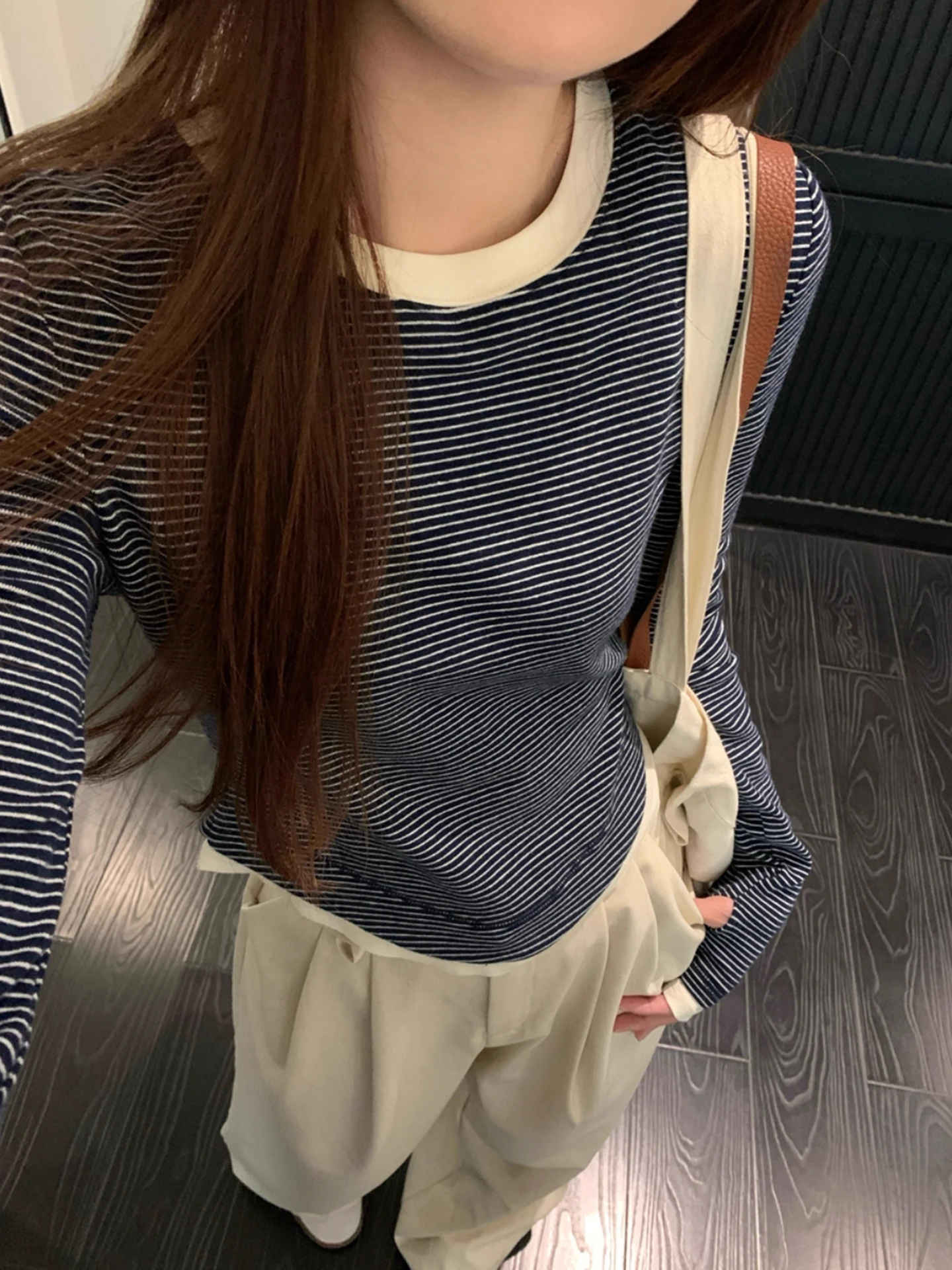 Slim Fit ort Sve Damen T-Shirt Farbe Blo Gestreiftes Design Long Sve rund Ne Base irt Autumn Faion Sensation