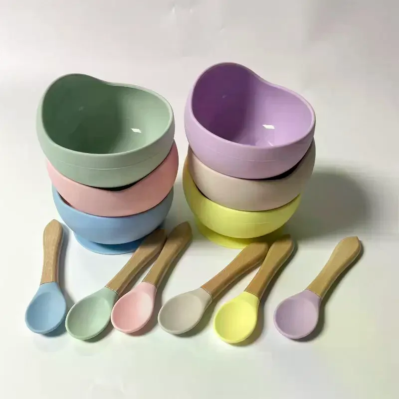 Silicone Baby Feeding Bowls With Strong Suction Base And Wooden Handle Spoons Perfect For Baby Led Weaning Toddler Daily Meals