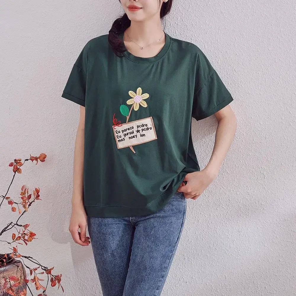 

DIMANAF 2024 Summer New T-Shirt Women Flower Embroidery Printing Loose Casual Basic O-Neck Green Tops