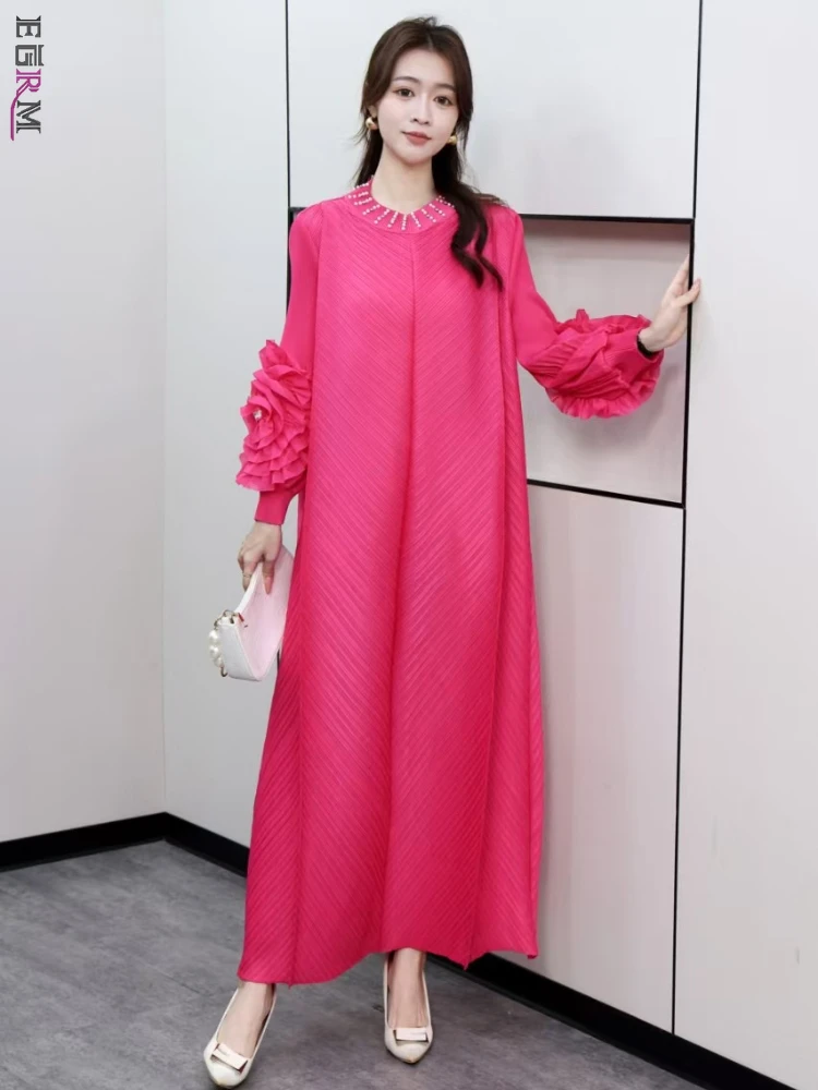 EGRM Miyake Pleated Maxi Long Dress Ruffles Petal Sleeve O-neck Formal Dresses for Women Hot Sales 2025 Spring New 2AN5809