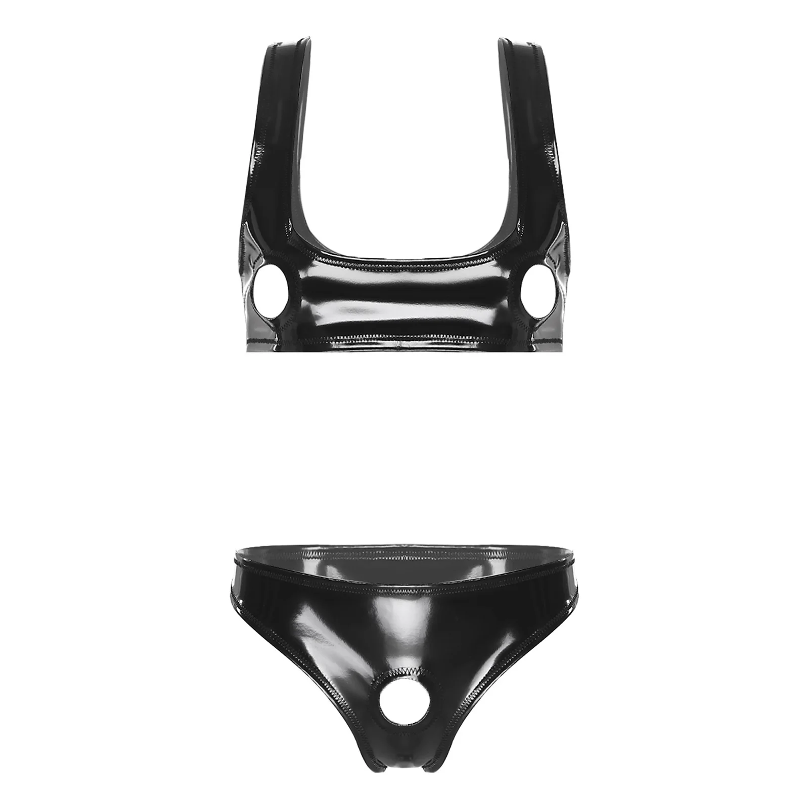 

Womens Wet Look PU Lingerie Costume Chest Hollow-out Low Neckline Crop Tank Top and Crotchless Briefs Alluring Fancy Nightwear