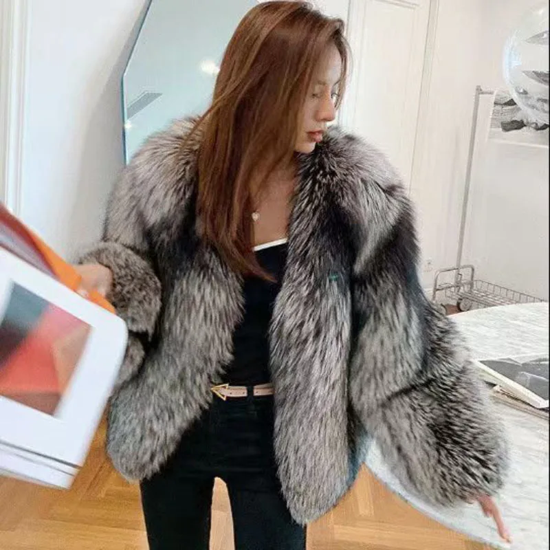 Fall/Winter 2023 New Silver Fox Fur Jacket Women Short Overcoat Loose Short Luxury Thick Warm Parker Coat Casual Mao Mao Clothes