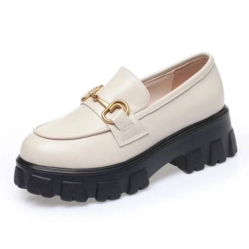 Spring New Slip ons Shallow Shoes Women Metal Chain Buckle Platform Chunky Heels Casual Shoes Loafers 34-43 sapato feminino