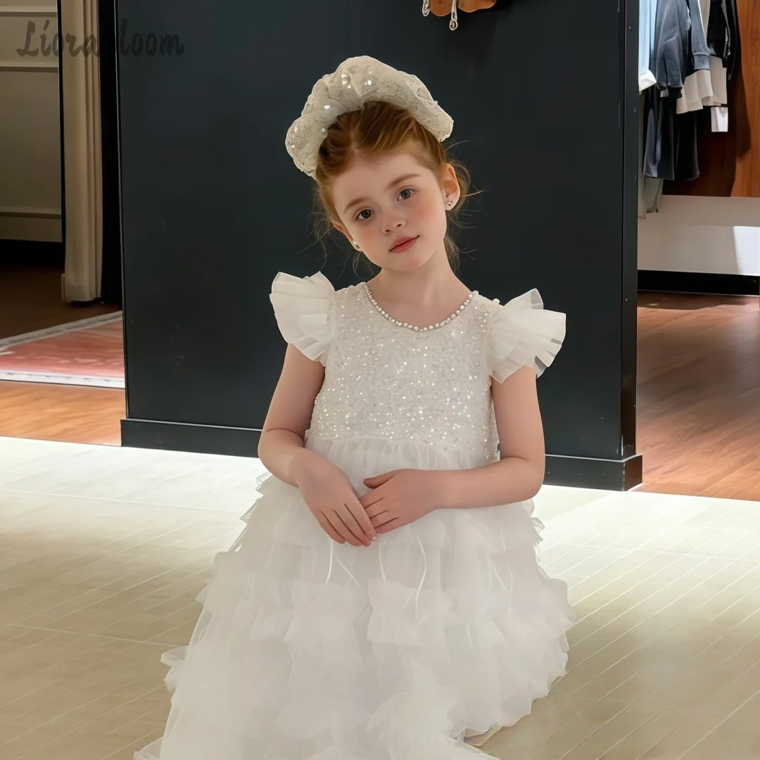 

Girls' White Mesh Dress with Flutter Sleeves Flower Girl Gown Ball Gown Wedding Attire Girls' Formal Wear