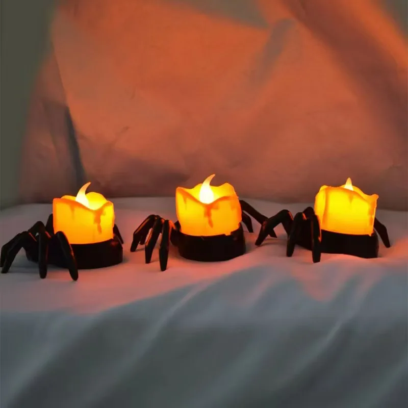 Luz de vela de araña de Halloween, accesorios de decoración de atmósfera de Halloween, lámpara de vela electrónica, luz nocturna de araña brillante