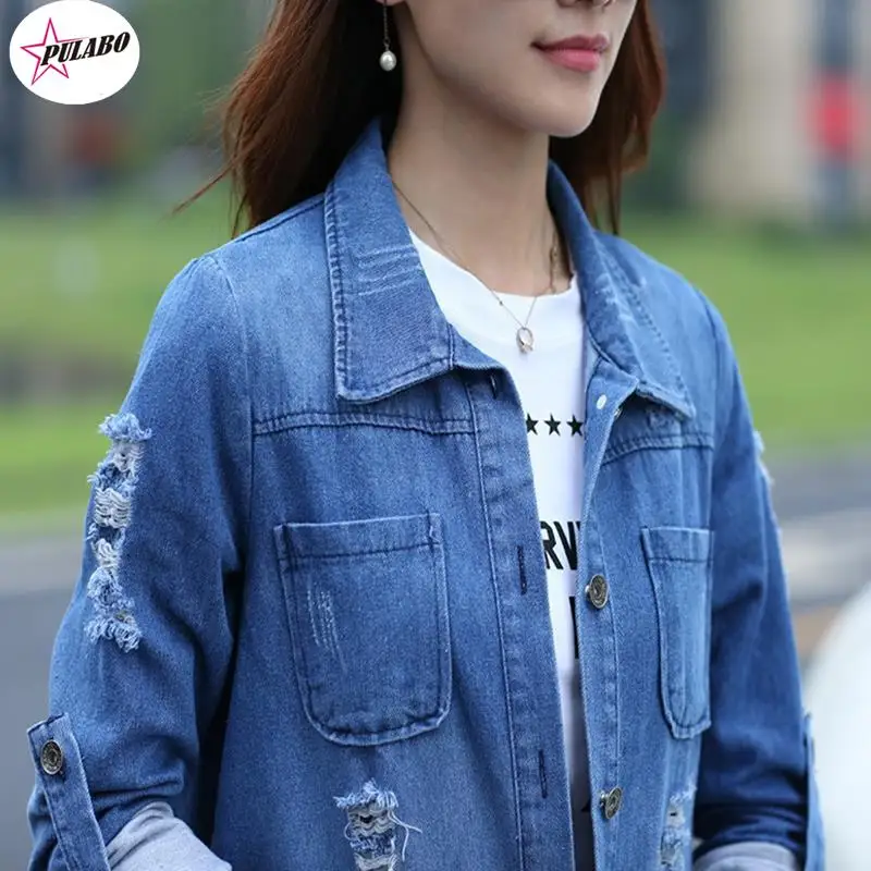 PULABO Długa kurtka dżinsowa Kobiety Casacos Feminino Slim Ripped Denim Jacket Femme Elegant Vintage Postrzępiona kurtka Podstawowe dżinsy Płaszcze