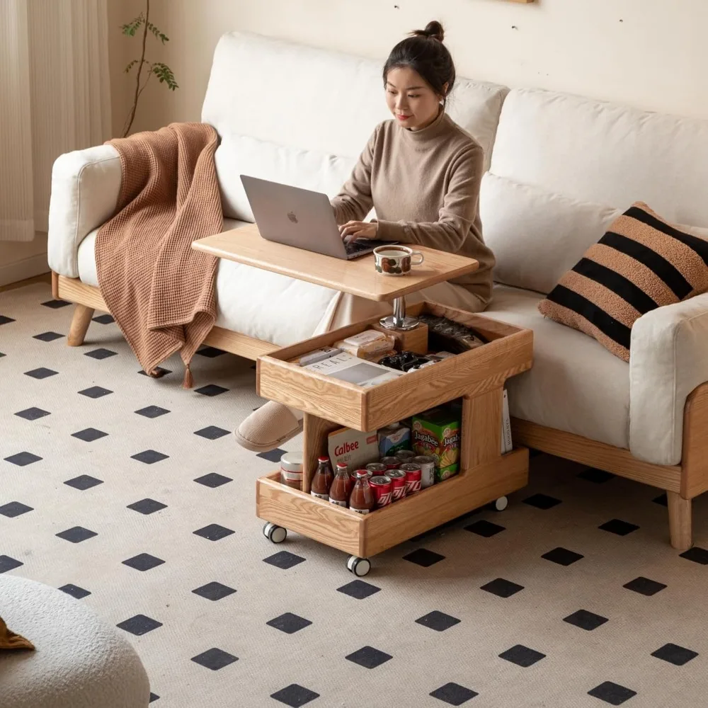 

100% Solid Wood Lift Top Coffee Table, Small Bedside Table with Rolling Wheels, Adjustable Side Table for Dining Room, Recliner