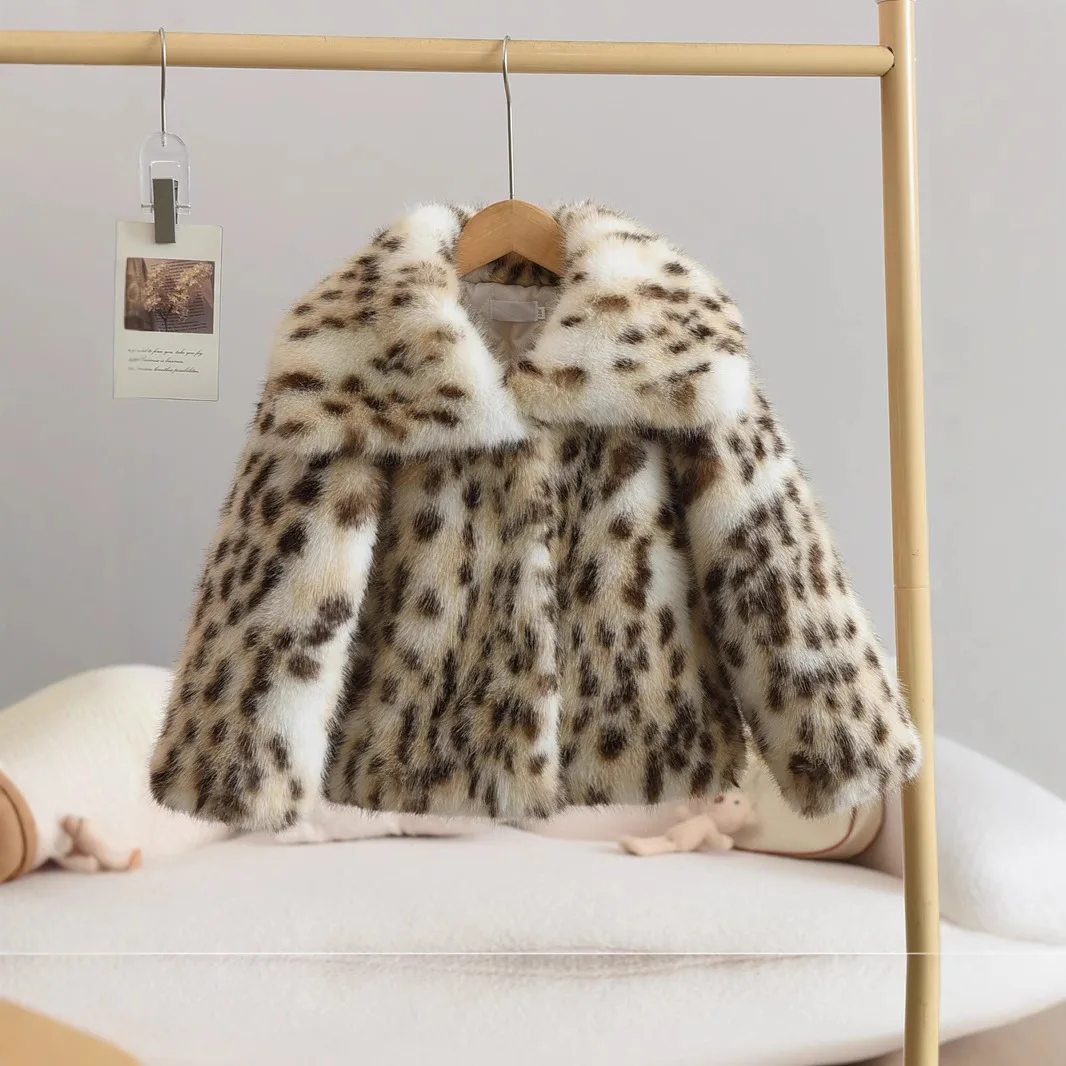 Leopard Print Environmentally Friendly Fur Turn-down Collar Children Coat Imitation Fox Fur Thickened Coat for Girls and Babies