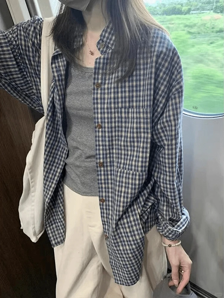 루즈핏 체크무늬 긴팔 남성 셔츠 한국 스타일 캐주얼 가벼운 가을 아우터 커플용 청년 인기 일상복