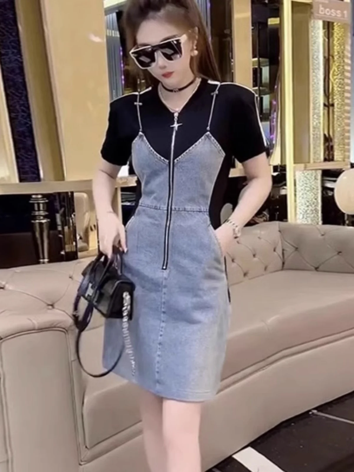 

Women's Short Sleeve Waist-Cinching Denim Dress Summer New Style High Quality Slimming Short Skirt Fashionable Casual Dress