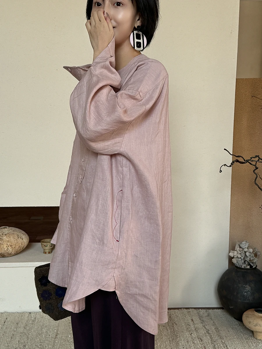 

Льняная рубашка Owish с воротником-стойкой, свободным кроем плеч, асимметричным подолом, женская, весенняя, с длинным рукавом, дышащая, комфортная