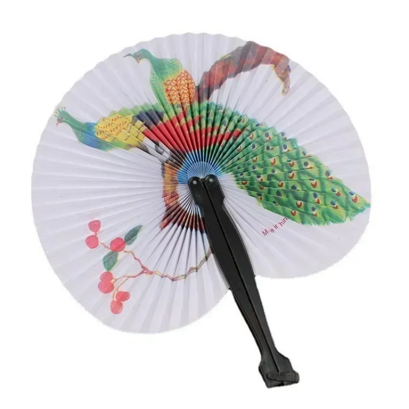Abanico de papel plegable de estilo chino aleatorio, molino de viento Retro, papel redondo pequeño, decoración de Color, abanicos de papel, regalo de mano impreso para fiesta, 1 ud.