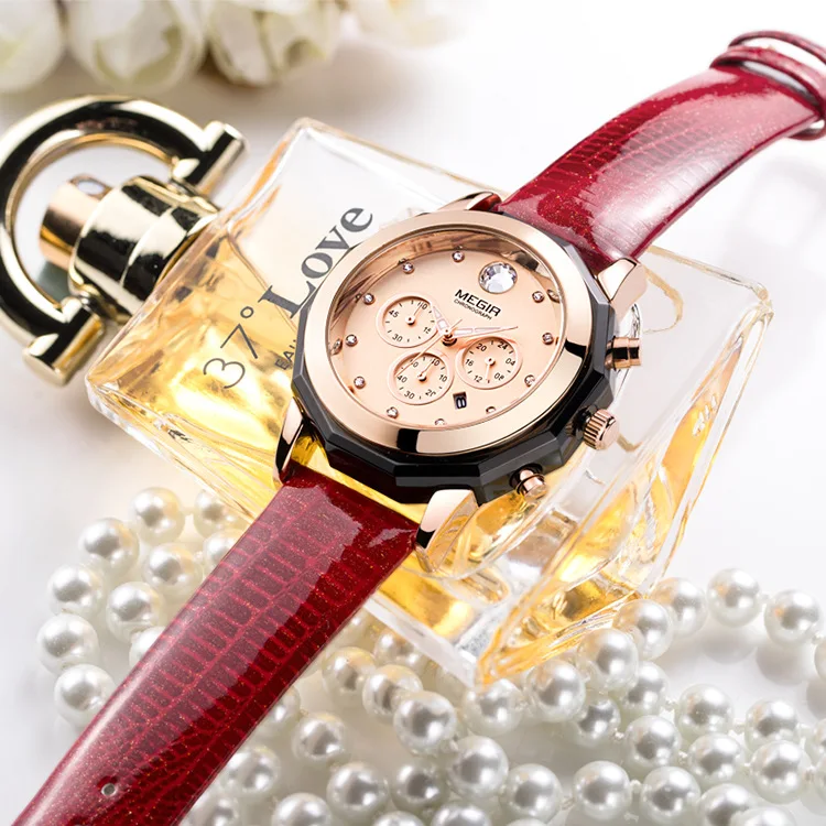 MEGIR 2042 Women's Quartz Watch Fashion Creative Rose Gold Diamond Calendar Wine Red Leather Strap Wristwhate for Ladies Gift