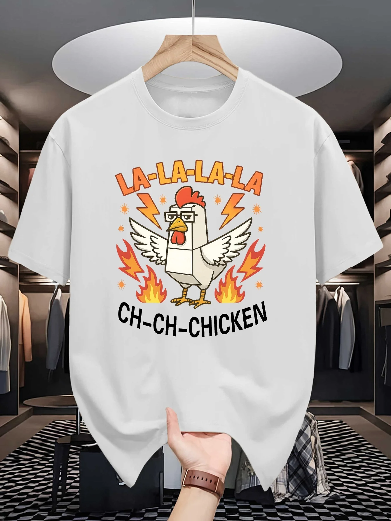 La La Ch Ch Chicken Print Mens Crew Neck T Shirt Rock Rooster Flame Cartoon Graphic Short Sleeve Casual Cotton Trendy Street Tee