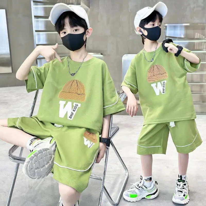 Boys Summer 2023 New Casual Shorts Sleeve Sleeveless T-shirts+Pants 2pcs Sets 5-14 Years Teenage Sportswear Children Outfits Set