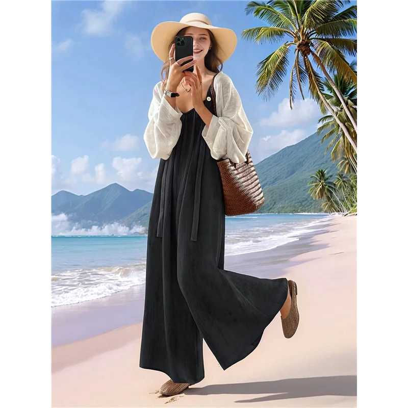 A83F-Casual Breite Bein Overalls Für Frauen Boho Plissee Overalls Strampler Sommer Outfits Mit Taschen