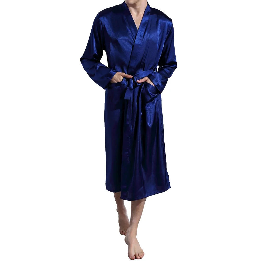 Men's Solid Color Smooth Satin Silk Bathrobe Long Sleeved V-neck Gown Pajamas Casual Robe Home Wear Loose Comfortable Nightgown