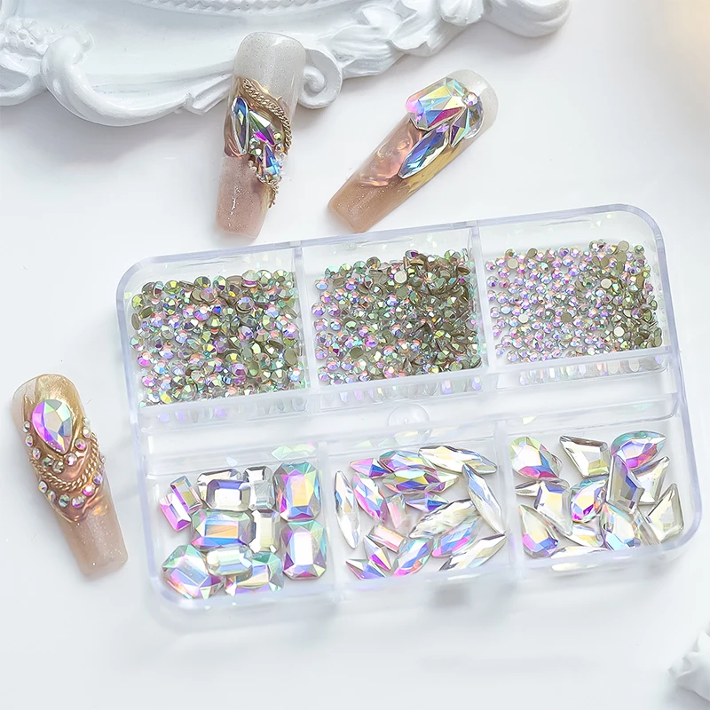 1 Box Crystal Nail Art Rhinestone Gold Silver Clear Flat Bottom Mixed Shape Glitter Nail Gems DIY Nail Art 3D Decoration