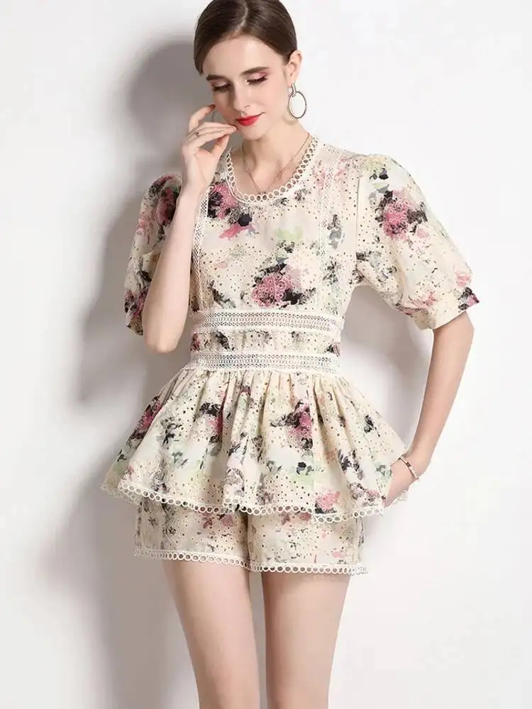 Elegant Flower Embroidery Lace Shorts Set Women Short Sleeve Hollow Out Ruffles Shirt Top+Wide Leg Shorts Summer 2 Piece Outfits