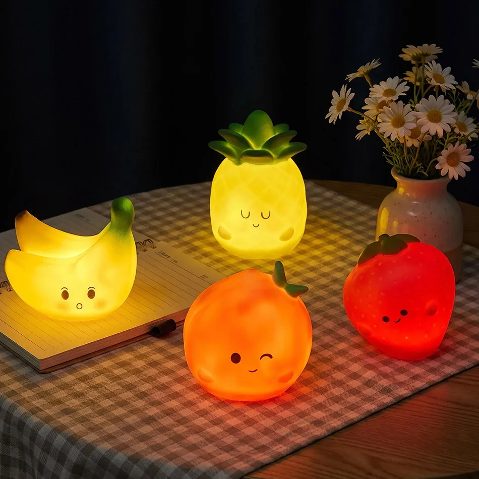 Mini Cartoon Fruit Figure LED Night Light Silicone Peach Banana Strawberry Pineapple Cute Desktop Decor Figurine