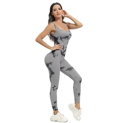 Kobiety Seveeless Tie Dye Body Suit Fitness Yoga Set Seamless Elastic Gym Running Cycling High Waist Hip Lift Knitted Sportwear